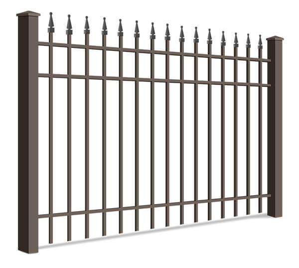 Commercial wrought iron fence panel with 3 rails and quad flare finials