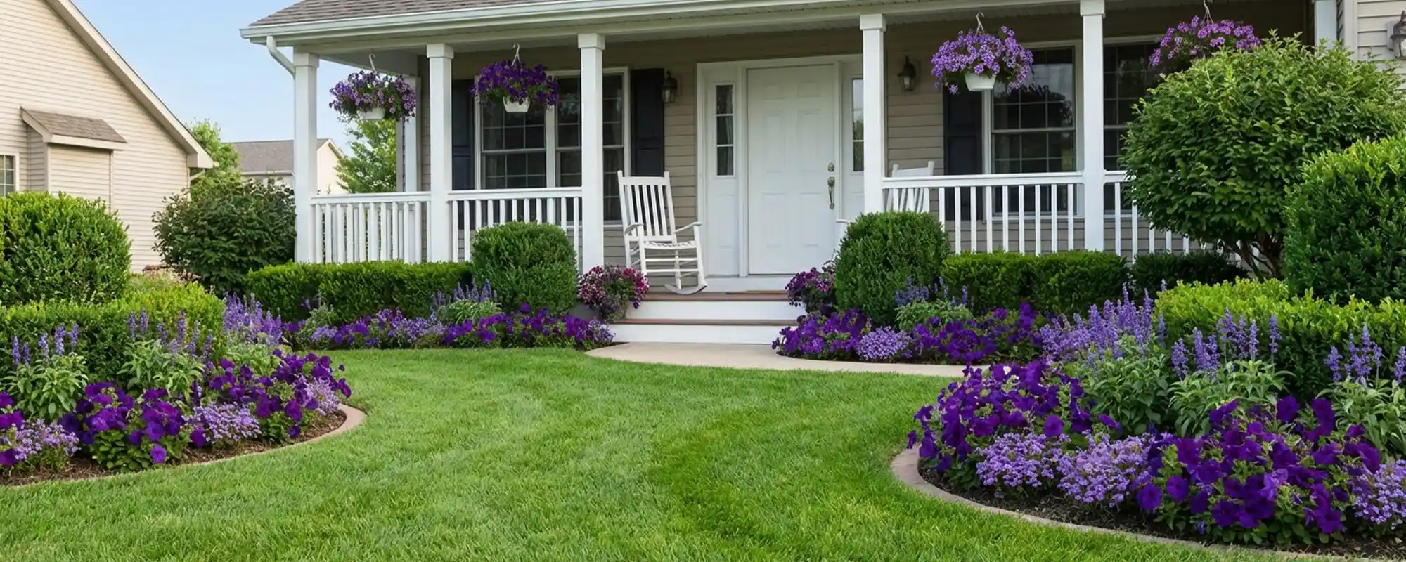 Well-maintained front porch and landscaped garden showing professional property maintenance